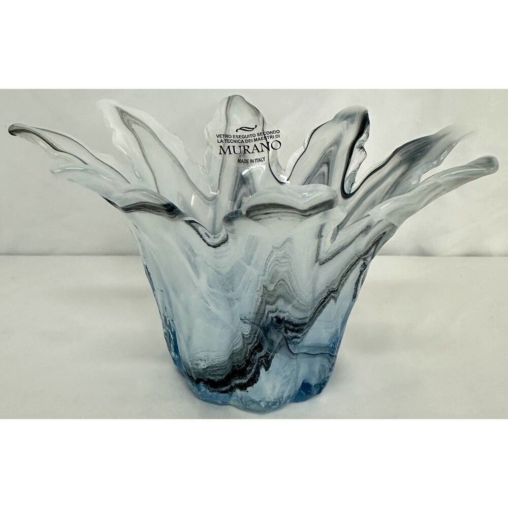 Murano Style Blue Swirl Freeform Art Glass Bowl 4” Tall 7” Wide Italy